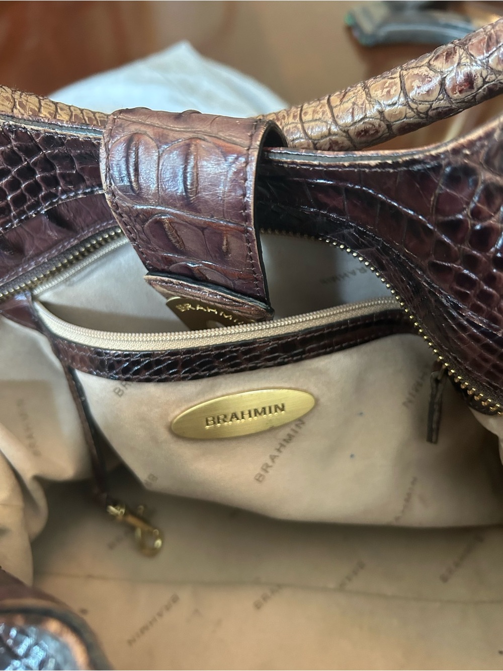 Brahmin Croc-Embossed Leather Satchel in Deep Brown Truffle Melbourne - Picture 4 of 9